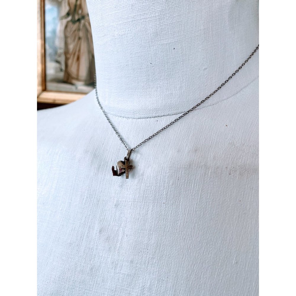 Antique Sterling Charm Necklace Puffy heart, Cross, Anchor - Picture 10 of 11